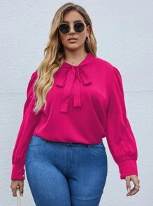 SHEIN LUNE Plus Tie Neck Puff Sleeve Blouse - Hot Pink - View 4
