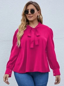 SHEIN LUNE Plus Tie Neck Puff Sleeve Blouse - Hot Pink - View 5