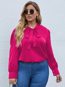 SHEIN LUNE Plus Tie Neck Puff Sleeve Blouse - Hot Pink - View 6