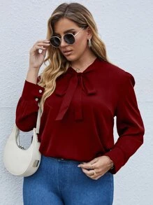 SHEIN LUNE Blusa de cuello con cordón de manga farol - Burdeos - Ver 1