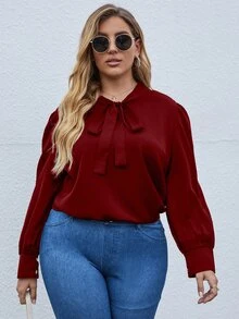 SHEIN LUNE Blusa de cuello con cordón de manga farol - Burdeos - Ver 4