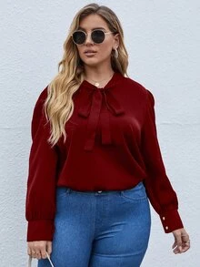 SHEIN LUNE Blusa de cuello con cordón de manga farol - Burdeos - Ver 5