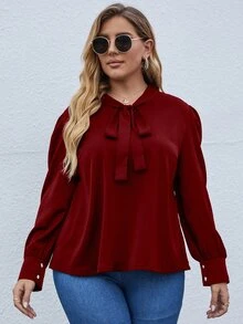 SHEIN LUNE Blusa de cuello con cordón de manga farol - Burdeos - Ver 6