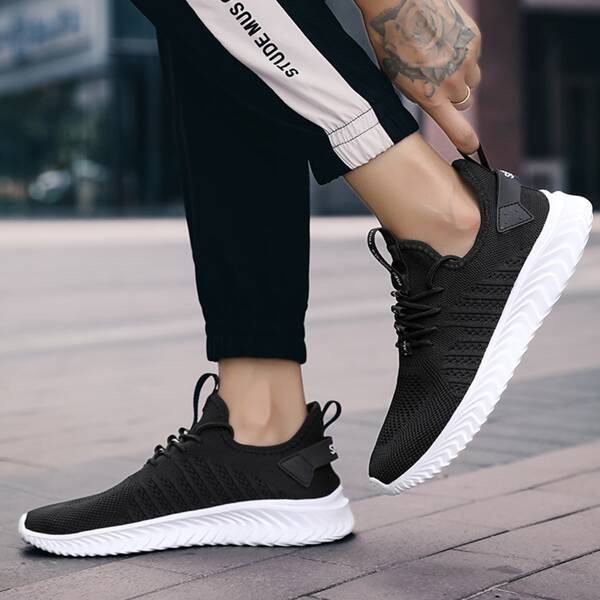 

Men Knit Detail Lace-up Front Sneakers, Black