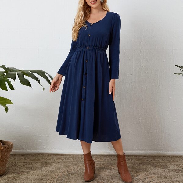

Button Front A-Line Solid Dress, Navy blue