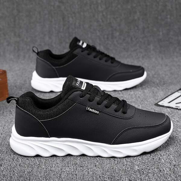 

Men Letter Detail Lace-up Front Sneakers, Black and white