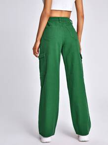 SHEIN EZwear Jean Tombol Kantong Zip Plain - Hijau - View 2