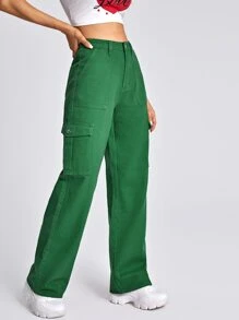 SHEIN EZwear Jean Tombol Kantong Zip Plain - Hijau - View 3