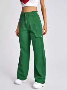 SHEIN EZwear Jean Tombol Kantong Zip Plain - Hijau - View 4