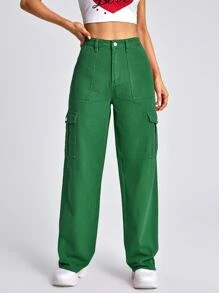 SHEIN EZwear Jean Tombol Kantong Zip Plain - Hijau - View 5