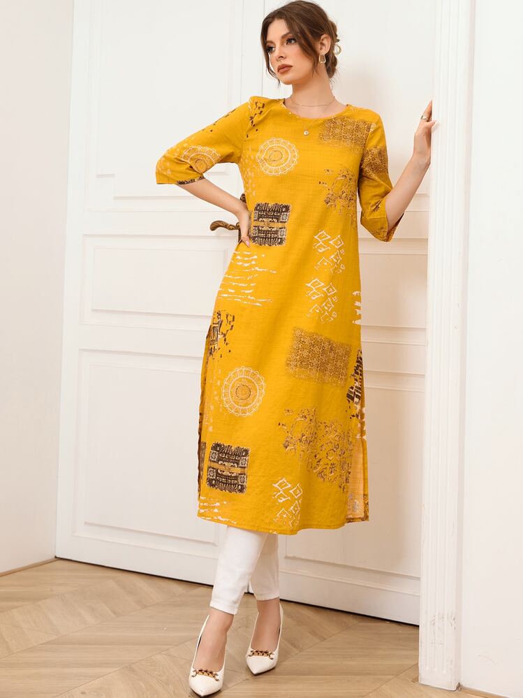 Seusyu Graphic Print Tunic Dress Maxi Women Outfit - Yellow - View 6