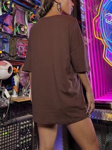 SHEIN Unity 字母图案落肩 T 恤 图案 T 恤 女式上衣 - 咖啡棕 - 查看 2
