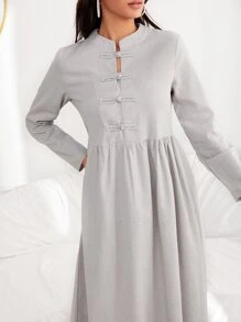 Mulvari Solid Frog Button Smock Dress - Light Grey - View 1
