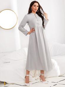 Mulvari Solid Frog Button Smock Dress - Light Grey - View 3