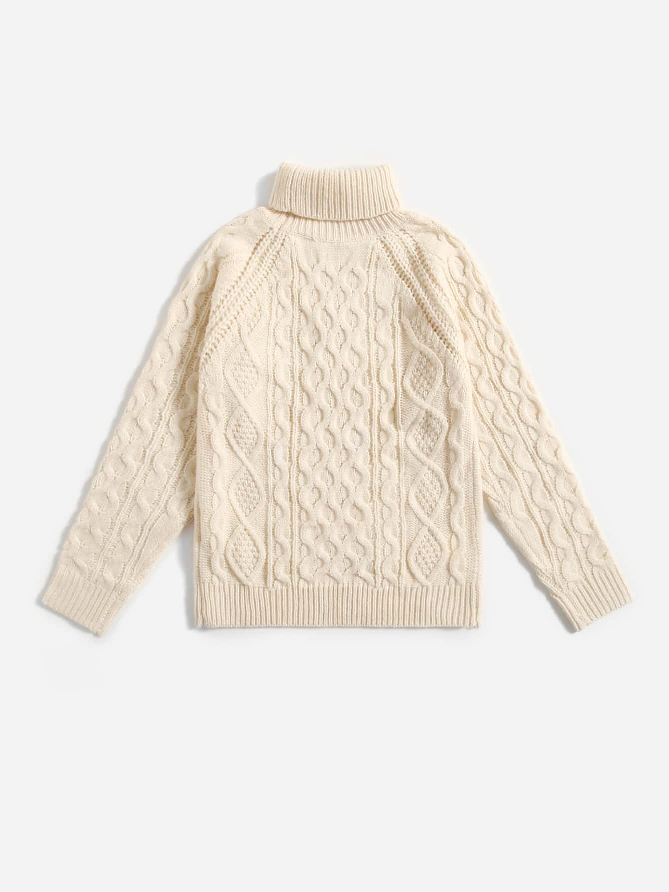 SHEIN Boys Turtleneck Cable Knit Raglan Sleeve Jumper - Apricot - View 1