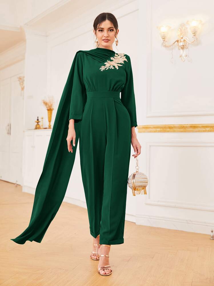 SHEIN 花卉貼花打褶細節連身褲 - 墨綠色 - 查看 1