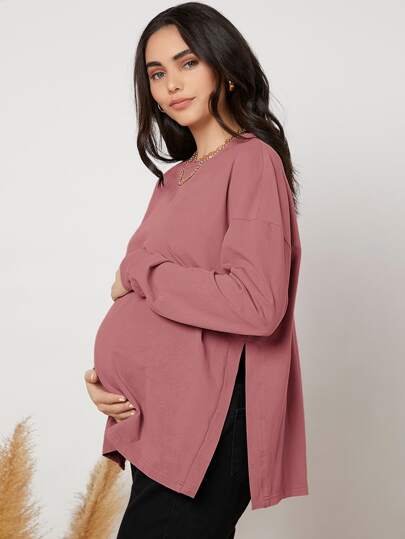 MaterniWear Maternity Drop Shoulder Slit Hem Tee With Long Sleeve