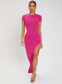 SHEIN SXY 素色高衩緊身連衣裙 - 玫紅色 - 查看 3