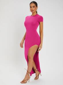 SHEIN SXY 素色高衩緊身連衣裙 - 玫紅色 - 查看 4