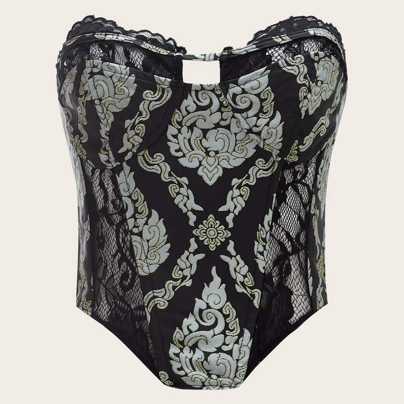 

Graphic Print Mesh Insert Tube Top, Black