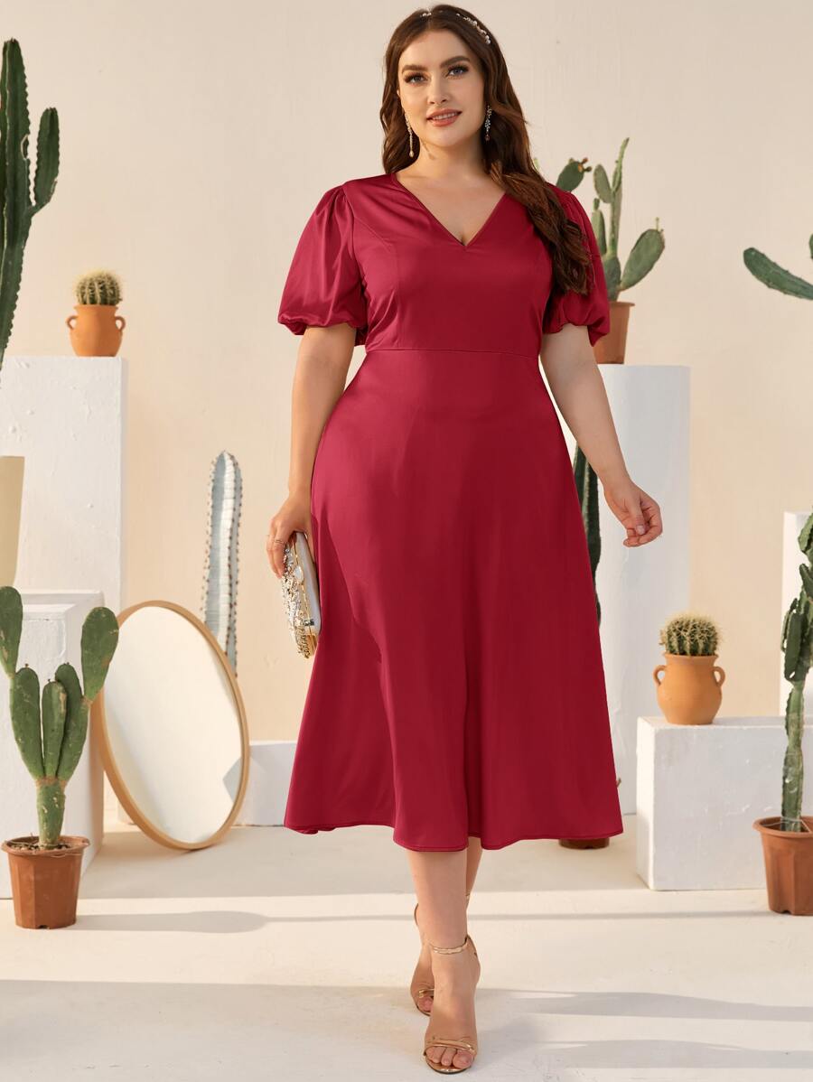 SHEIN Đầm Plus Size Dây kéo màu trơn Thanh lịch - Màu Đỏ Sâu - Xem 1