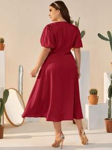 SHEIN Đầm Plus Size Dây kéo màu trơn Thanh lịch - Màu Đỏ Sâu - Xem 2