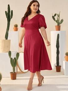 SHEIN Đầm Plus Size Dây kéo màu trơn Thanh lịch - Màu Đỏ Sâu - Xem 3
