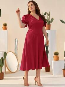 SHEIN Đầm Plus Size Dây kéo màu trơn Thanh lịch - Màu Đỏ Sâu - Xem 5