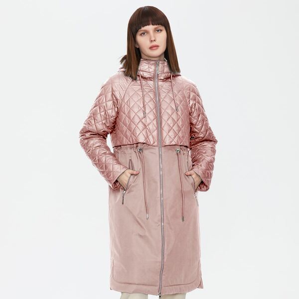 

Raglan Sleeve Drawstring Hooded 2 In 1 Argyle Quilted Coat, Pink