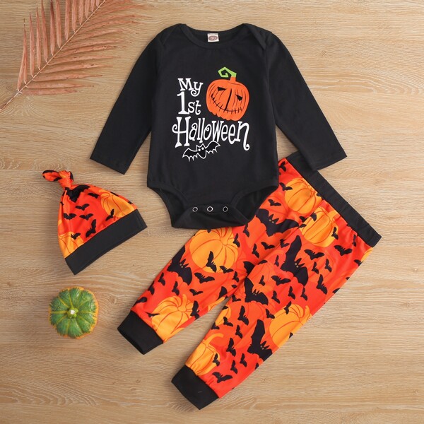 

Baby Halloween Print Bodysuit & Sweatpants & Hat, Multicolor