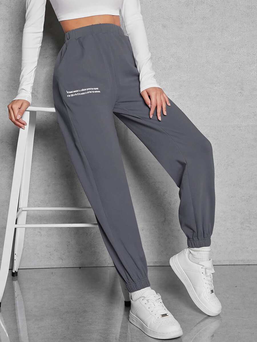 SHEIN EZwear Slogan Graphic Joggers - Dark Grey - View 1