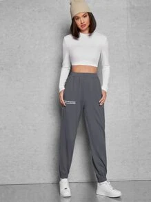 SHEIN EZwear Slogan Graphic Joggers - Dark Grey - View 3