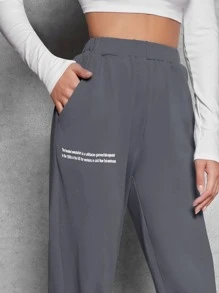SHEIN EZwear Slogan Graphic Joggers - Dark Grey - View 5