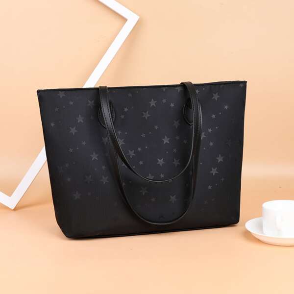 

Star Pattern Shoulder Tote Bag, Black