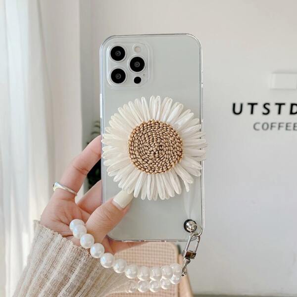 

Flower Decor Phone Case With Lanyard, Clear
