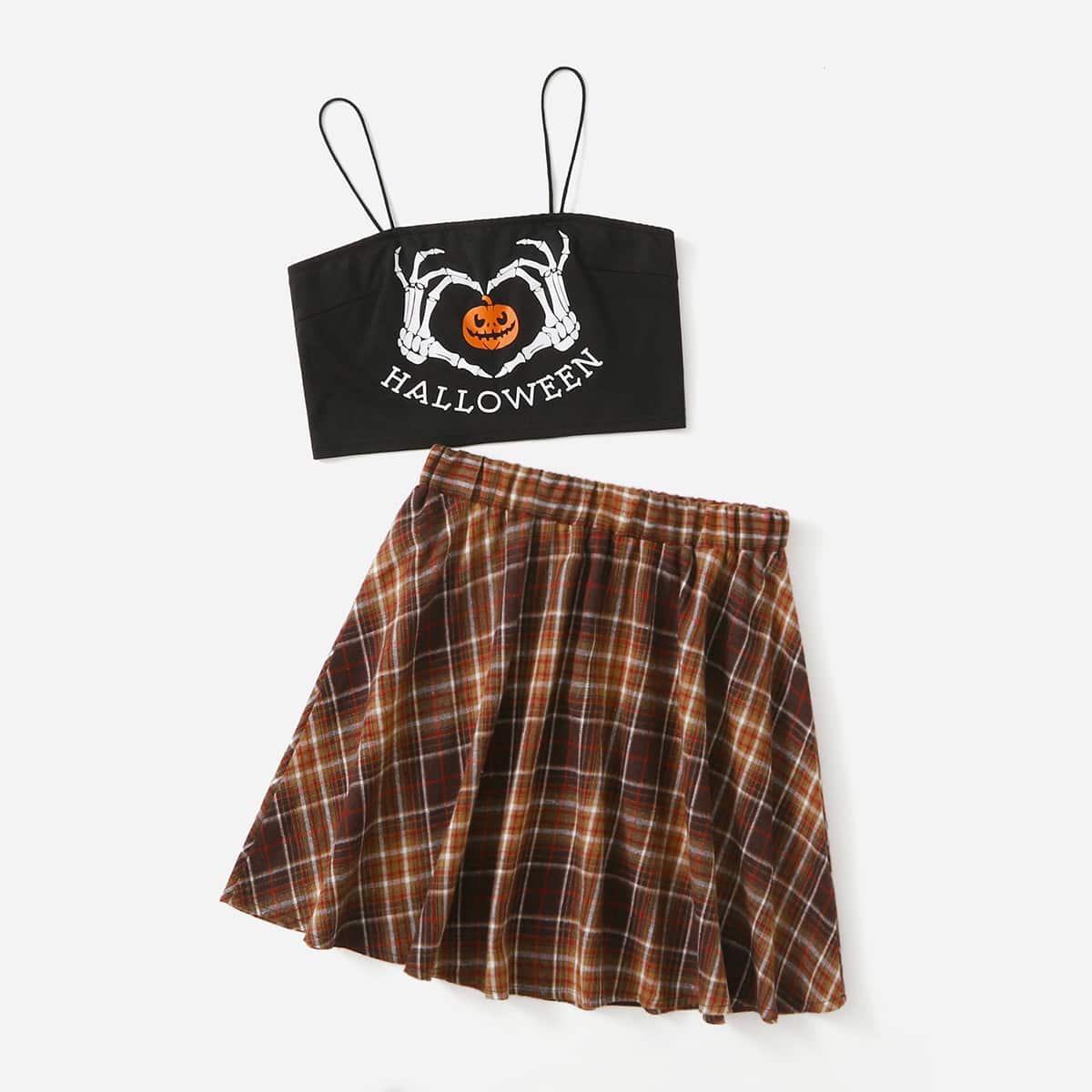 

Halloween Print Cami Top & Plaid Print Skirt, Multicolor