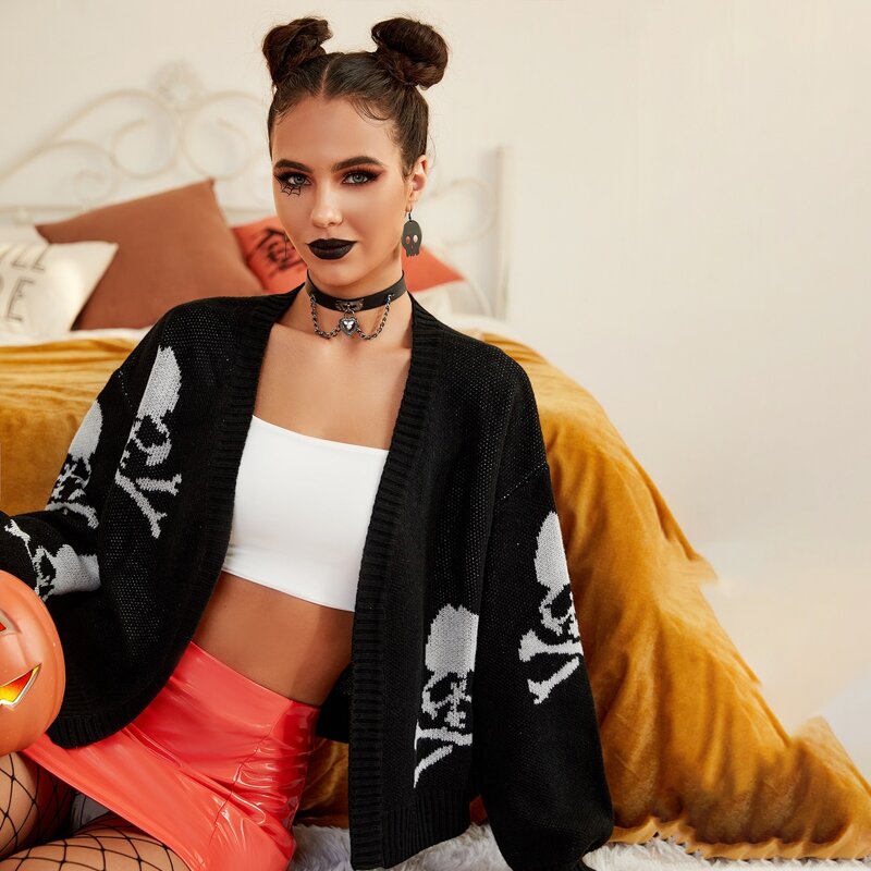 

Skull Pattern Open Front Drop Shoulder Cardigan, Black