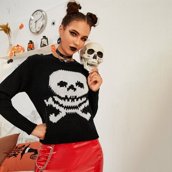 

Round Neck Skeleton Pattern Sweater, Black