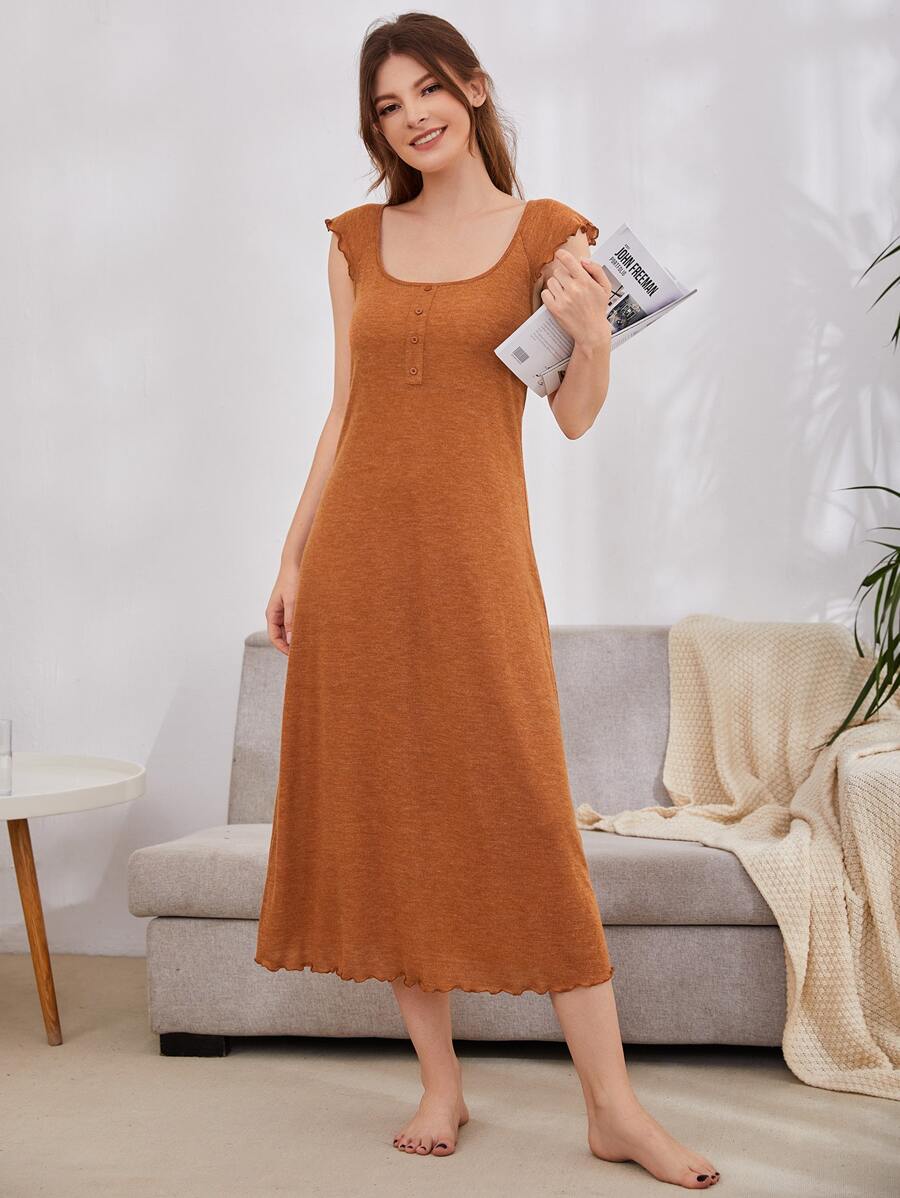 SHEIN Unity Váy ngủ & áo ngủ Nữ Xù nhỏ Nút phía trước màu trơn Dễ thương - màu nâu - Xem 1