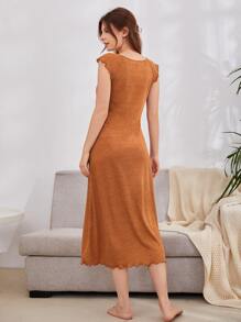 SHEIN Unity Váy ngủ & áo ngủ Nữ Xù nhỏ Nút phía trước màu trơn Dễ thương - màu nâu - Xem 2