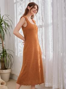 SHEIN Unity Váy ngủ & áo ngủ Nữ Xù nhỏ Nút phía trước màu trơn Dễ thương - màu nâu - Xem 3