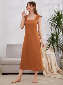 SHEIN Unity Váy ngủ & áo ngủ Nữ Xù nhỏ Nút phía trước màu trơn Dễ thương - màu nâu - Xem 4
