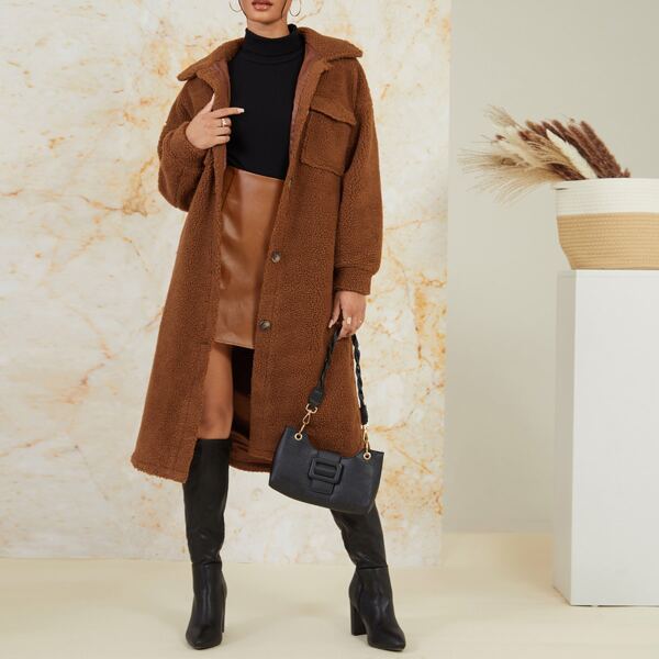 

Flap Pocket Drop Shoulder Fleece Coat, Brown