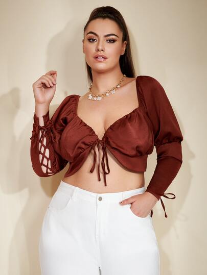 SHEIN VCAY Plus Lace Up Sleeve Knot Front Crop Blouse