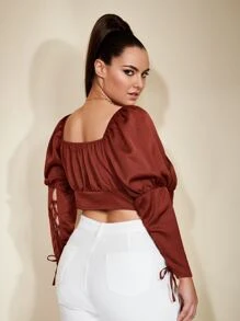 SHEIN VCAY Plus Lace Up Sleeve Knot Front Crop Blouse - Burgundy - View 2