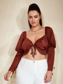 SHEIN VCAY Plus Lace Up Sleeve Knot Front Crop Blouse - Burgundy - View 4