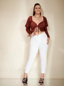 SHEIN VCAY Plus Lace Up Sleeve Knot Front Crop Blouse - Burgundy - View 5