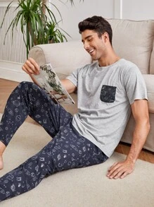 Hombres Set homewear con estampado de dibujos animados - Multicolor - Ver 1