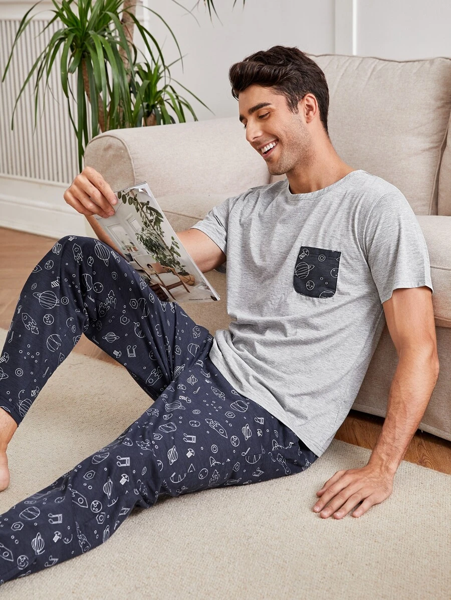 Hombres Set homewear con estampado de dibujos animados - Multicolor - Ver 1