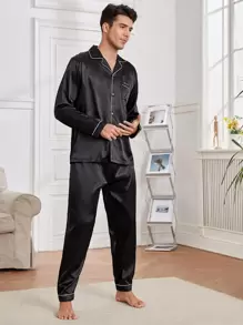 Men Letter Embroidery Contrast Piping Satin PJ Set / Pajama Set, Fall Clothes - Black - View 1